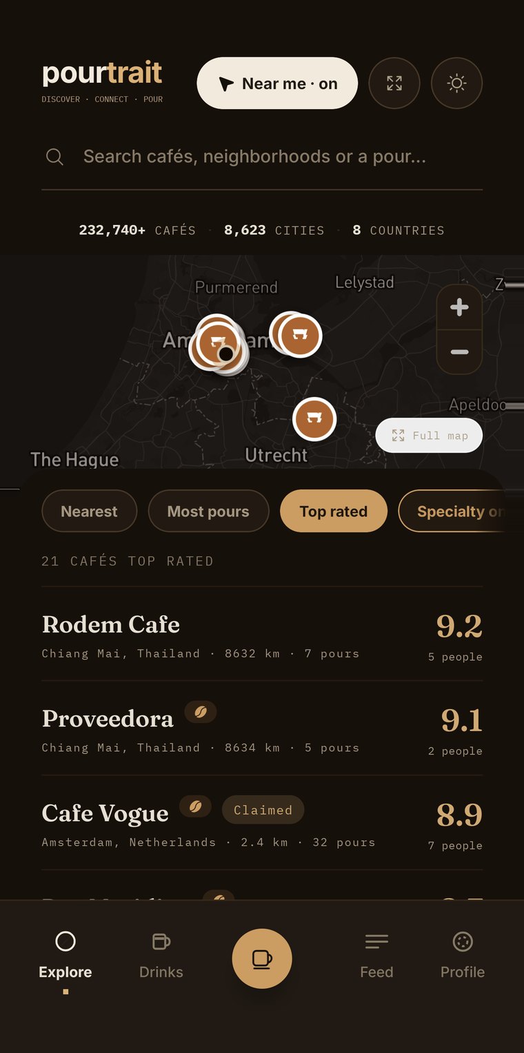 Explore screen: map of specialty cafés near you