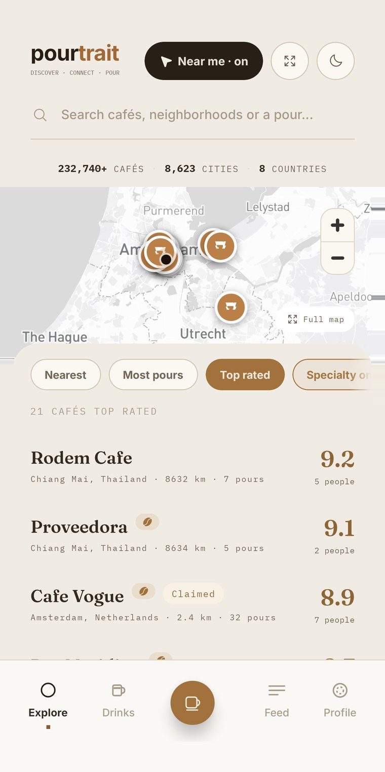 Explore screen: map of specialty cafés near you